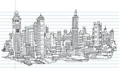 Hand drawn City Sketch for your design,Drawn in black ink on lined notebook paper