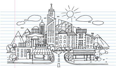 Hand drawn City Sketch for your design,Drawn in black ink on lined notebook paper