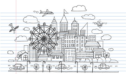 Hand drawn City Sketch for your design,Drawn in black ink on lined notebook paper