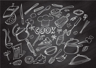 Hand drawn doodles of Cook concept on chalkboard wall,Doodles vector illustration.Poster with hand drawn kitchen utensils. 