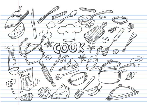 Hand drawn doodles of Cook concept on lined notebook paper,Doodles vector illustration.Poster with hand drawn kitchen utensils. 
