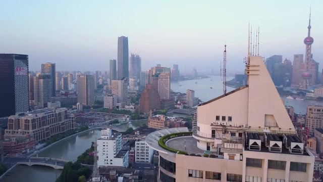 China Shanghai Aerial v35 Flying low around Waitan area with cityscape views 5/17