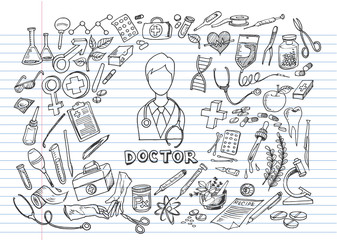 Hand drawn medicine icon set on lined notebook paper. Medical sketched collection. Healthcare, pharmacy doodle icons. Vector illustrations © Pugun & Photo Studio