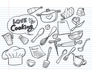 Love Cooking concept on lined notebook paper,Poster with hand drawn food doodles