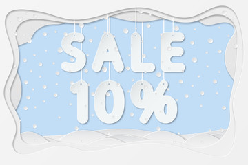 vector illustration of sale 10 percent lettering hanging on rope as layered paper cutting art design