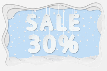 vector illustration of sale 30 percent lettering hanging on rope as layered paper cutting art design