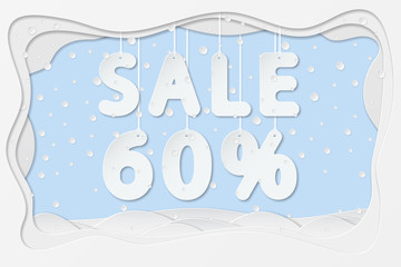 vector illustration of sale 60 percent lettering hanging on rope as layered paper cutting art design