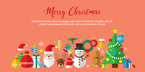 Merry Christmas background. Set of Christmas icons flat in vector illustration. Icon of bell, stocking, christmas tree, reindeer, present, Santa Claus, snowman. Template for internet and business.