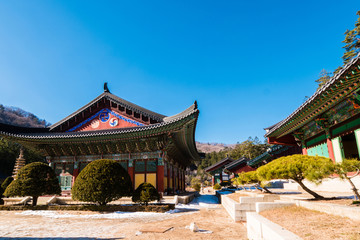 Pyeongchang, gangwon-do, South Korea - Woljeongsa Temple. (Woljeongsa is a head temple of the Jogye Order of Korean Buddhism, located on the eastern slopes of Odaesan in Pyeongchang)