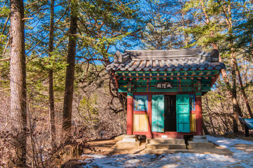 Pyeongchang, gangwon-do, South Korea - Seonghwanggak Shrine in Fir forest road of Woljeongsa Temple.(Sign board text is "Seonghwanggak" name of building)