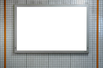 Blank white mock up of horizontal light box billboard at subway