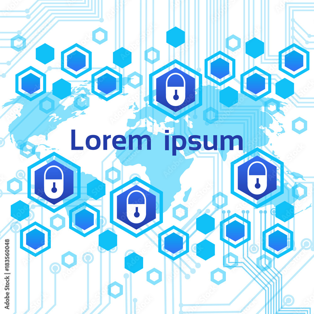 Poster closed locks over world map access technology concept of data protection and security vector illustr
