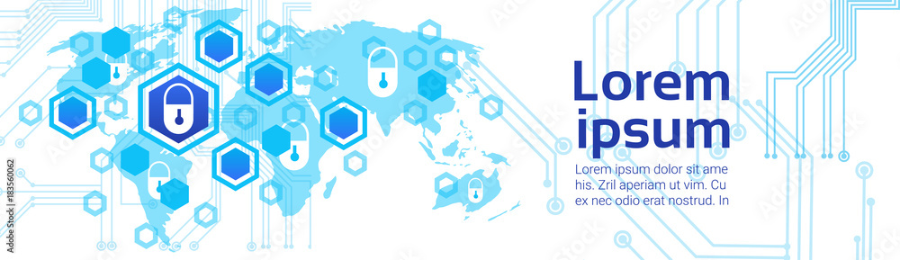 Poster closed lock world map background access technology concept of data protection and security horizonta