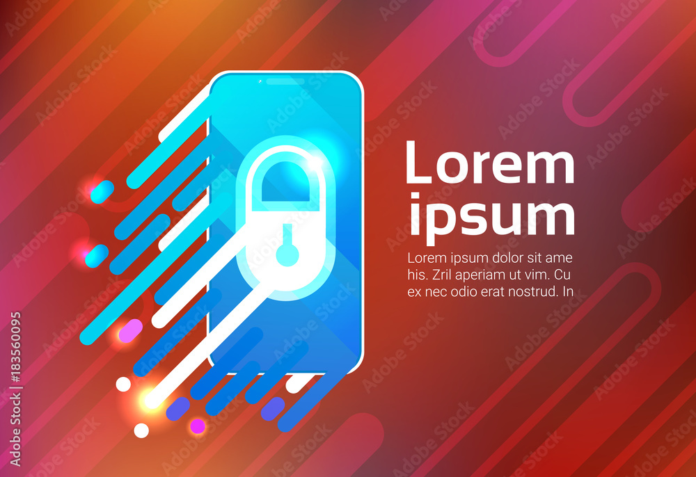 Poster smart phone lock sceern data privacy protection security concept identification app smartphone vecto