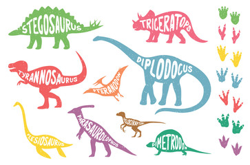 Set of colorful isolated dinosaurs with lettering and footprints. Vector illustration. © nataliasheinkin