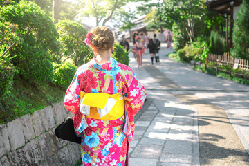 Woman in traditional japanese kimono walking at Kiyomizu temple ,Kyoto Japan