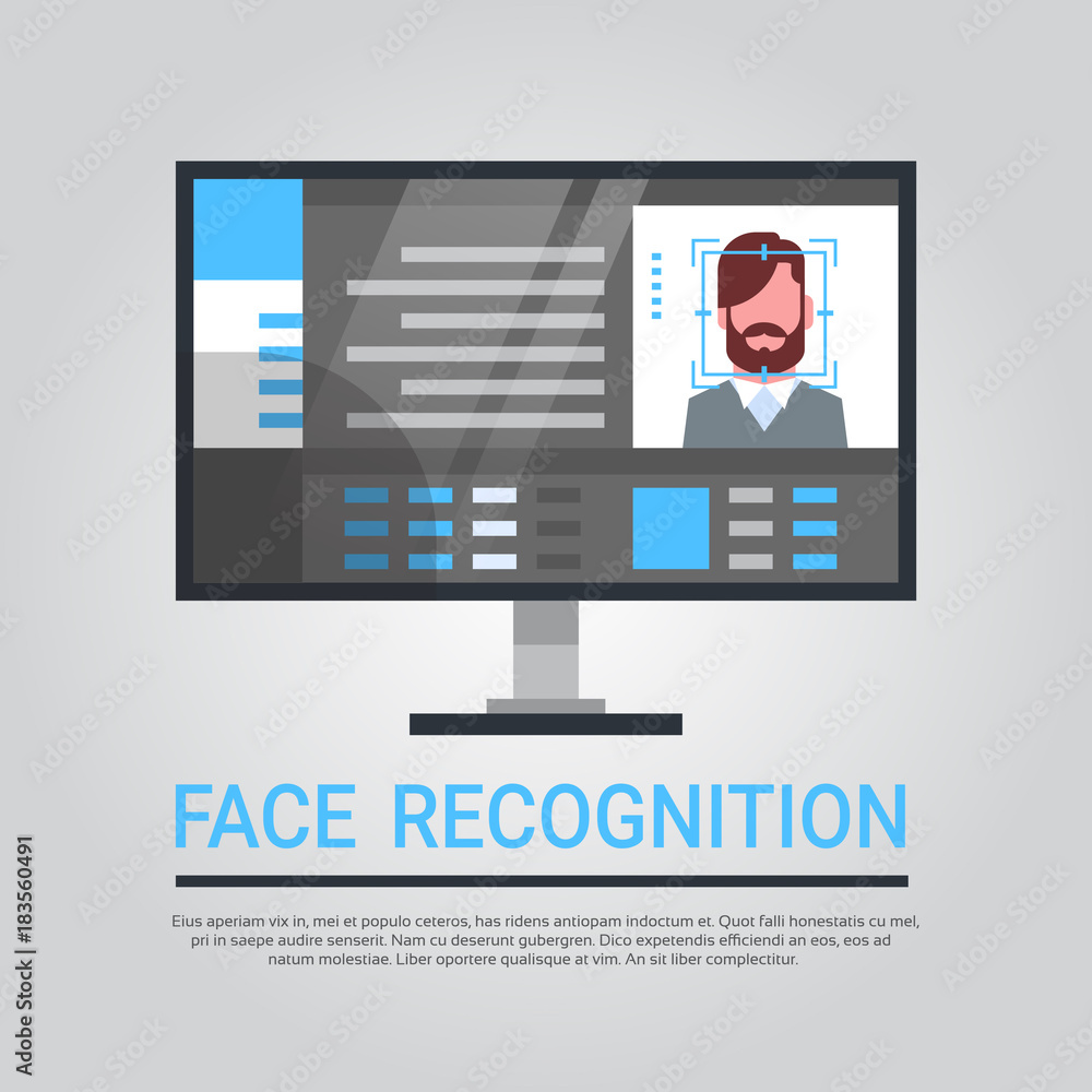 Poster face recognition technology computer security system scanning male user biometric identification con