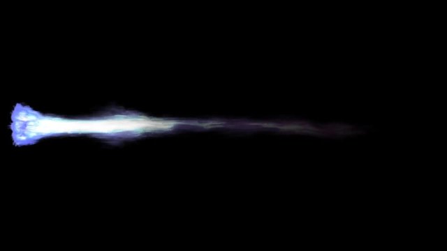 Animated realistic exhaust flame of rocket, jet engine or other propulsion burning liquid methane. Longer tail. Isolated on black background, mask included.