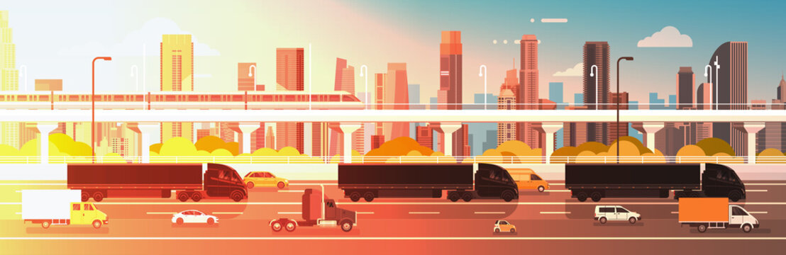 Big Semi Truck Trailers Driving In Line On Highway Road With Cars, Lorry Over City Background Delivery Cargo Concept Flat Vector Illustration