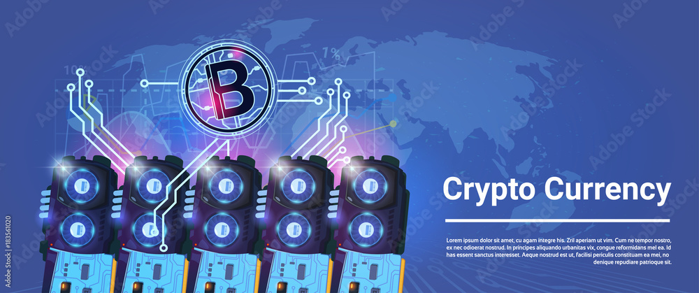 Poster crypto currency bitcoin mining farming horizontal banner world map background digital web money conc