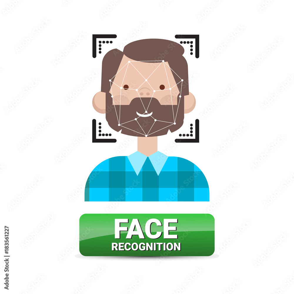 Poster face recognition button biometrical identification on male face access control technology concept ve