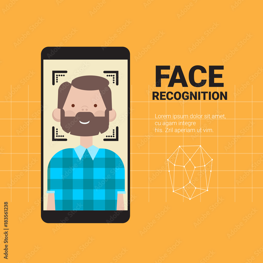 Poster smart phone scanning man face modern recognition system access control technology biometrical identi