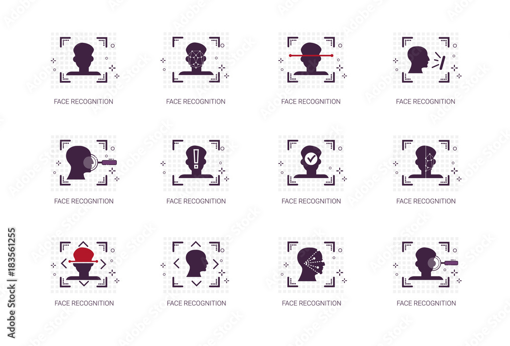 Poster face recognition system icons set biometric identification concept thin line vector illustration