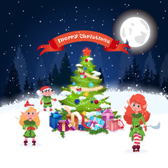 Beautiful Christmas Greeting Card With Decorated Pine Tree And Green Elfs Over Winter Forest Landscape Flat Vector Illustration