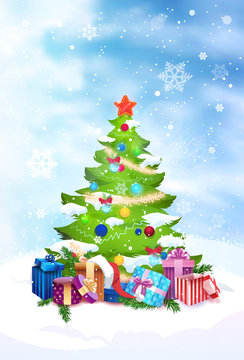 Christmas Tree Decorated With Colorful Balls And Garland Gift And Present Boxes Flat Vector Illustration