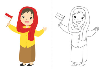 Indonesian girl wearing Betawi, Jakarta traditional dress and holding an Indonesian flag. 
Children wearing Indonesian traditional dress, black and white outline cartoon vector for coloring page.