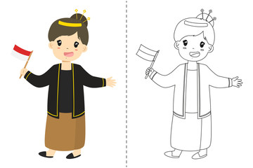 Indonesian girl wearing Javanese traditional dress and holding an Indonesian flag. 
Children wearing Indonesian traditional dress, black and white outline cartoon vector for coloring page.