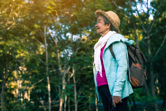 Grandmother backpack travel, Concept backpack travel.