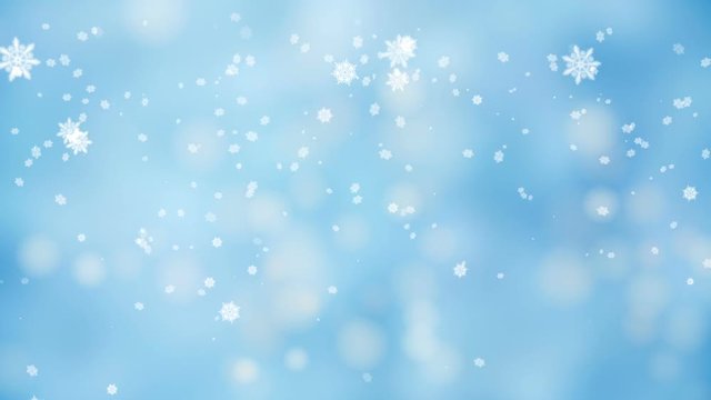  Snowflakes falling over elegant soft New Year and Christmas  blue background, festive lights twinkling with bokeh, magical seasonal scene with snow, frosty snowy day, abstract illustration, animation