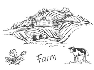 Hand drawn black and white illustration of farm and field and cow. sketch. Vector eps 8.