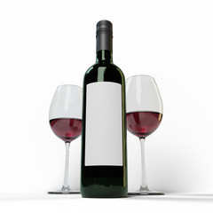 Two red wine glass and dark green bottle with a blank label on a white background