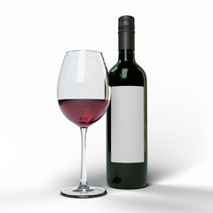 Red wine glass and dark green bottle with a blank label on a white background