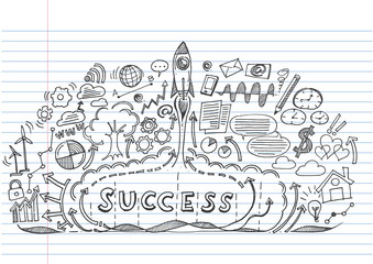 Start up rocket with business success doodle clouds on lined notebook paper.Doodle image. Stock Vector illustration. © Pugun & Photo Studio