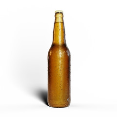 Wet beer bottle without label isolated on a white background with water drops