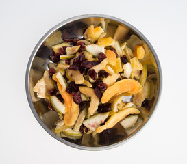 Dried fruits or assorted preserved fruits on background.