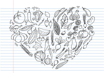doodle of various vegetables in the form of heart shape. Vector hand drawn illustration on lined notebook paper