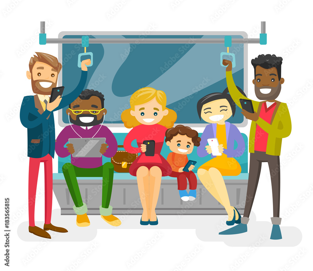 Poster multicultural people traveling by public transport and using their smartphones and tablet. group of 