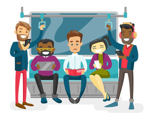 Multiracial people with paper book, smartphones, tablet computer traveling by metro. Group of young African-american, Cacasian, Asian passengers in the metro. Vector isolated cartoon illustration.