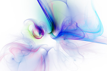 Abstract violet, yellow and blue smoky shapes on white background. Fantasy fractal design. Digital art. 3D rendering.