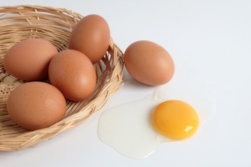 Eggs in the basket and Broken egg on white background