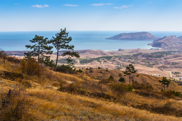 colorful view of the sea and cottages in the distance