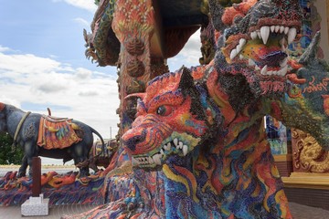 Beautiful statues of animals in the novel at  temple of Thailand.