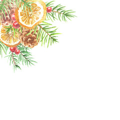 Beautiful Christmas hand drawn watercolor bouquet, bunch of fir tree branches, pine cones, citrus and red berries arrangement,  on white background. Perfect for holidays festive design.