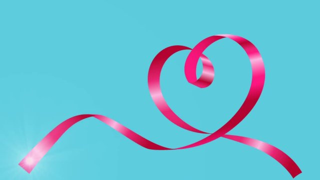 Pink Ribbon In Shape Of Heart. Heart From Satin Tape Appearing. Light Shine And Glow Run Through Tape. Love Wedding Or Valentines Day Concept Background Empty Space For Text