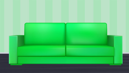 Green modern luxury sofa for living room, reception or lounge. Realistic icon of single object in room on background of wallpaper with stripes, 3D illustration