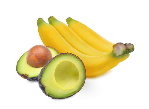 avocado and ripe banana isolated on white background